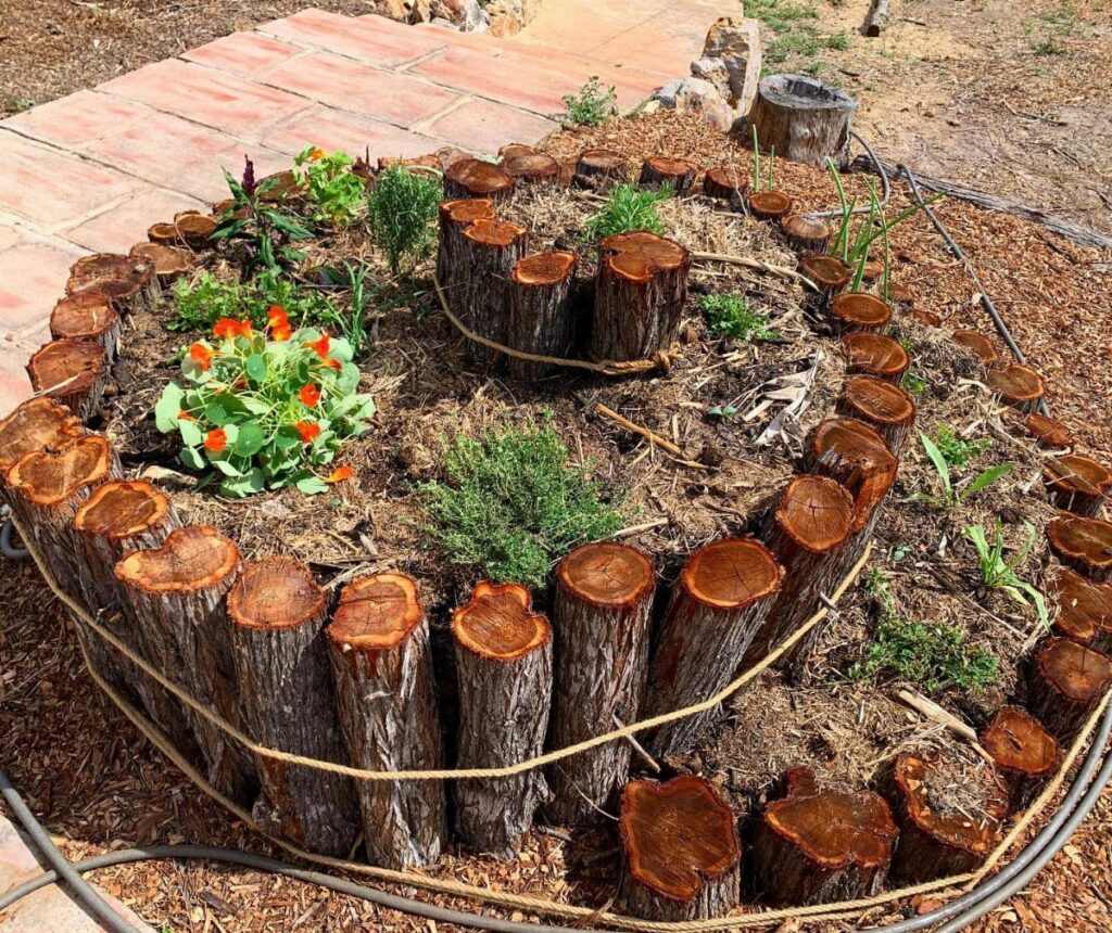 A circular herb garden bed made of vertical wooden logs filled with green plants and mulch.