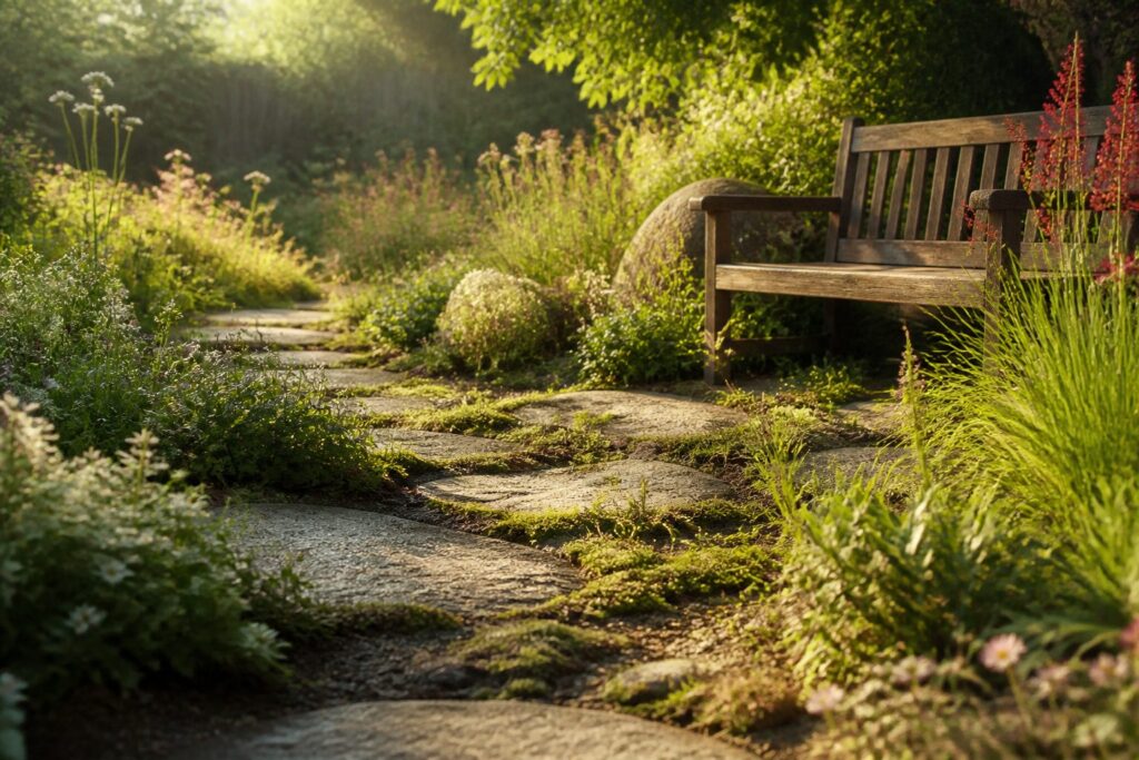 Backyard seating area with wooden furniture and ornamental grasses.