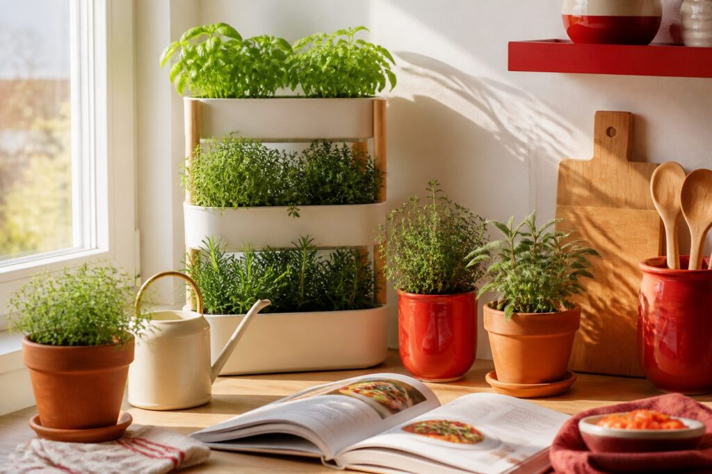 A cozy kitchen corner with sunlight illuminating herb plants on a shelf.