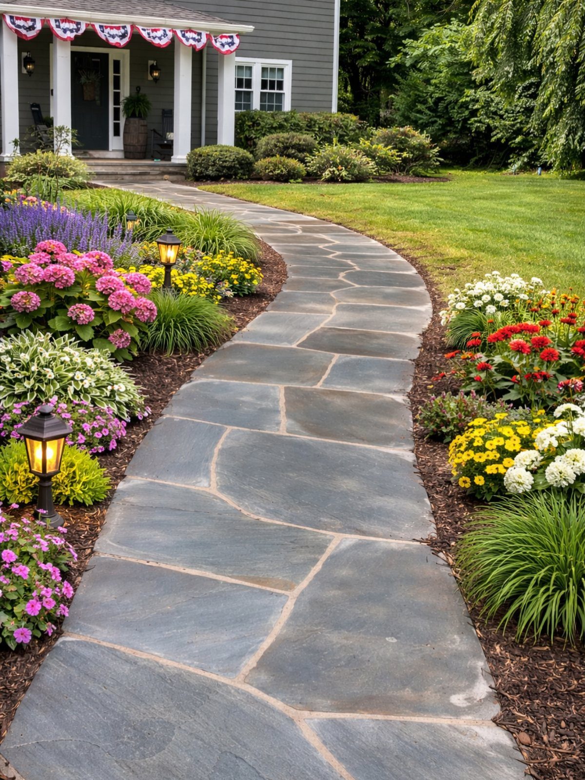 A curved flagstone walkway winding through a colorful garden with blooming flowers and green shrubs.