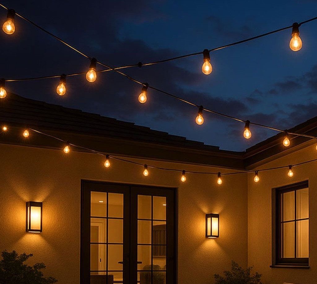 Glowing string lights hang across a dark blue evening sky above a house exterior.