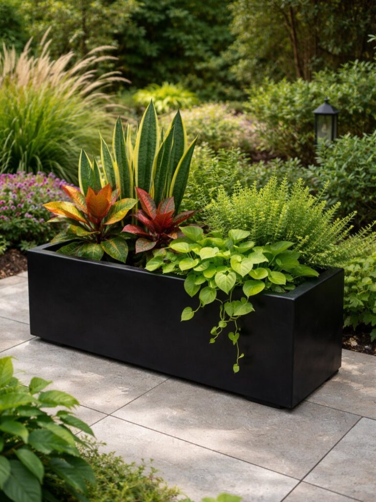 A long black rectangular planter filled with colorful tropical plants on a stone patio.
