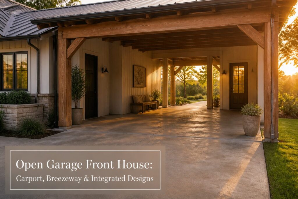 Open garage front house with integrated design features and contemporary architecture.
