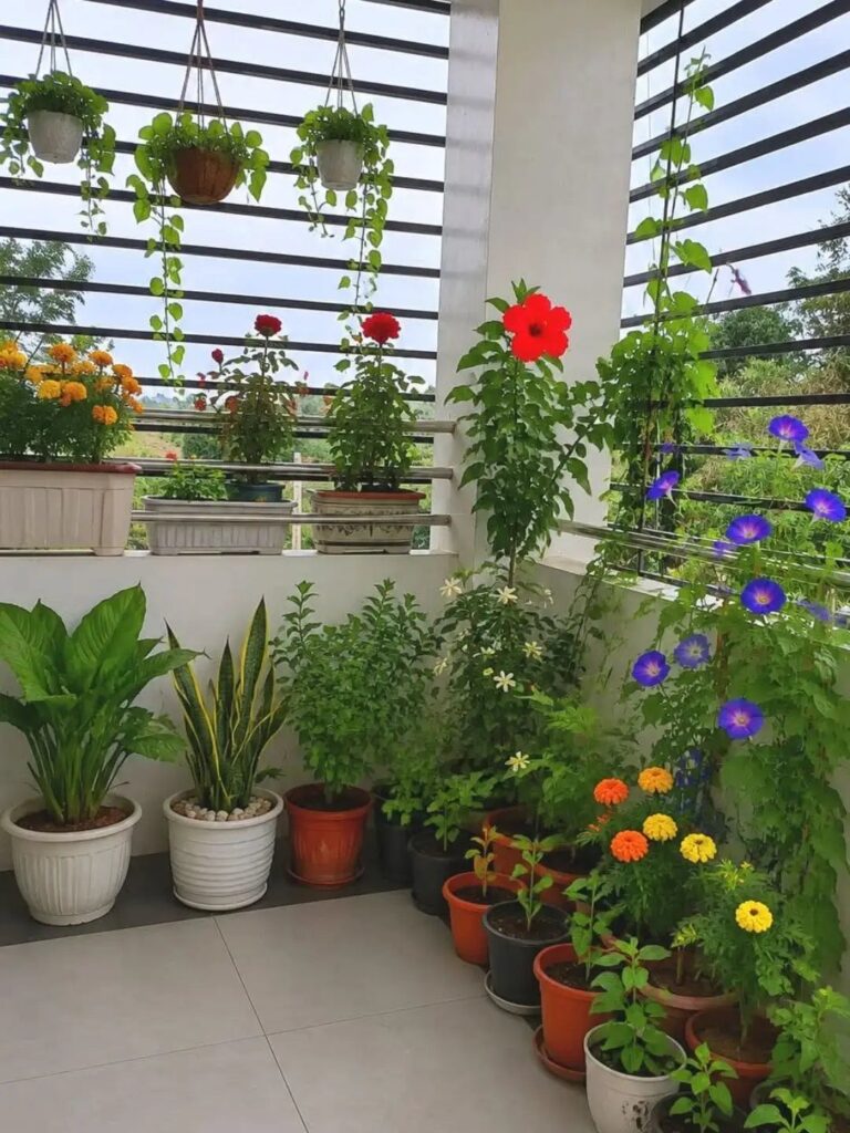 Various potted plants with tall, medium, and trailing greenery arranged on a balcony.