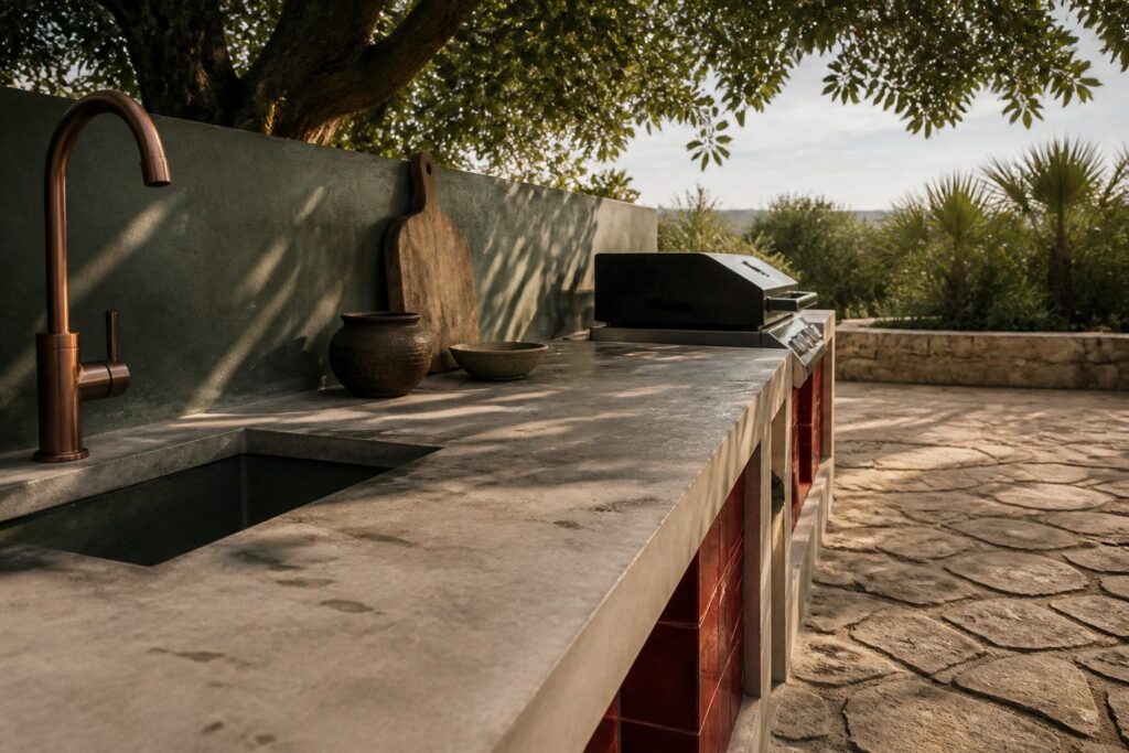 Outdoor kitchen with a smooth microcement countertop and greenery.