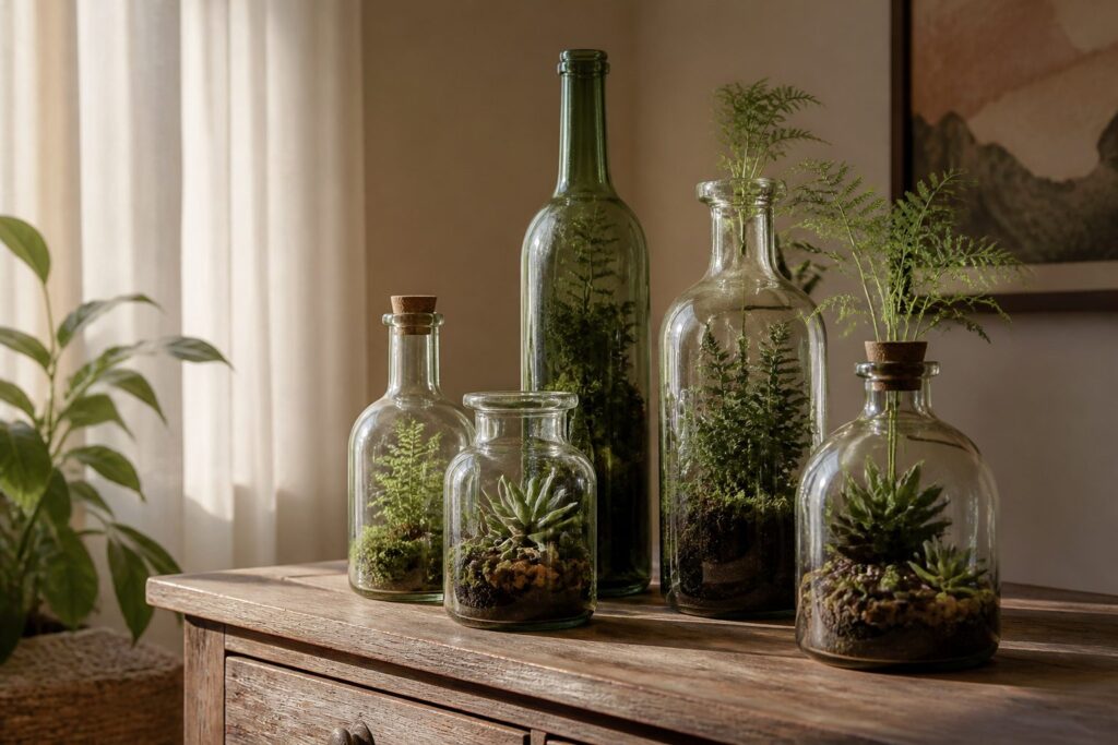 Various glass bottles filled with plants and soil arranged on a table.
