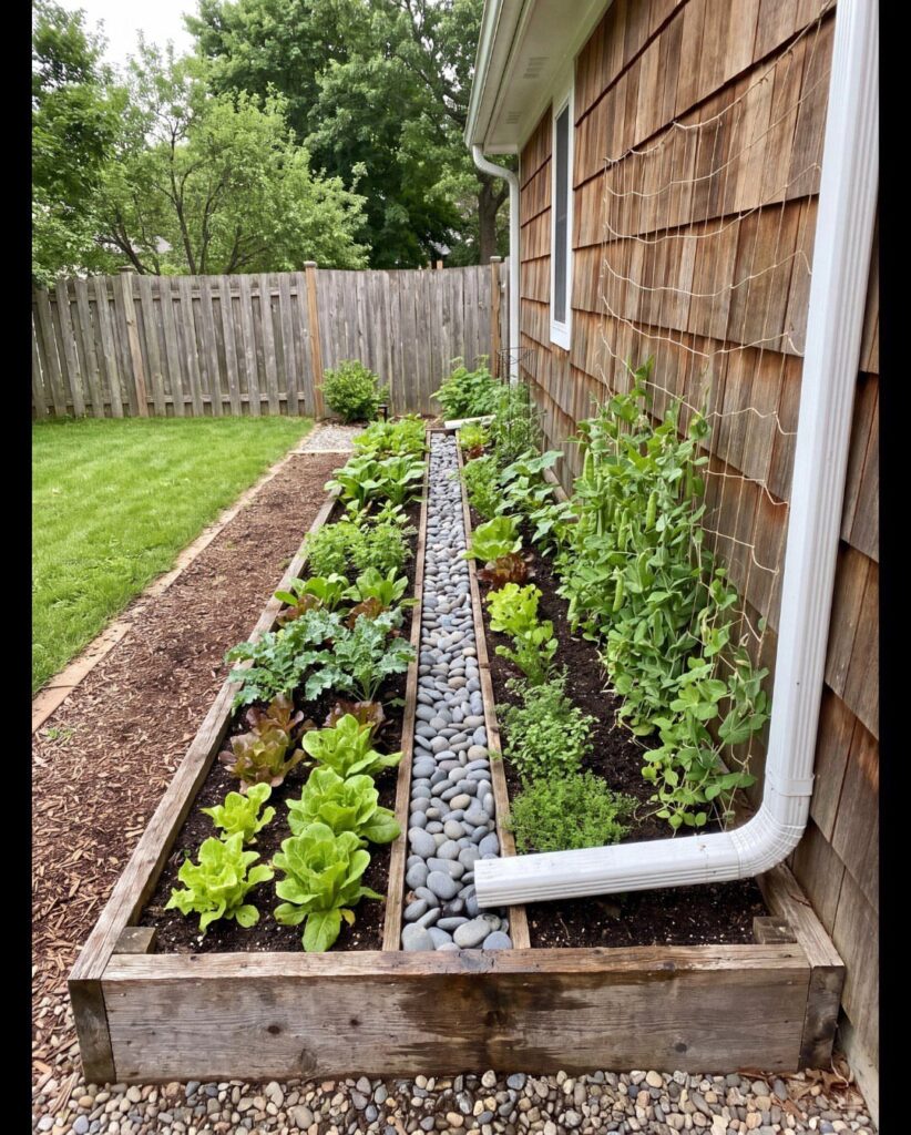 A long wooden raised garden bed containing various green leafy vegetables and a central stone path.
