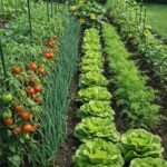Rows of tomatoes, onions, lettuce, and herbs growing in a lush vegetable garden.