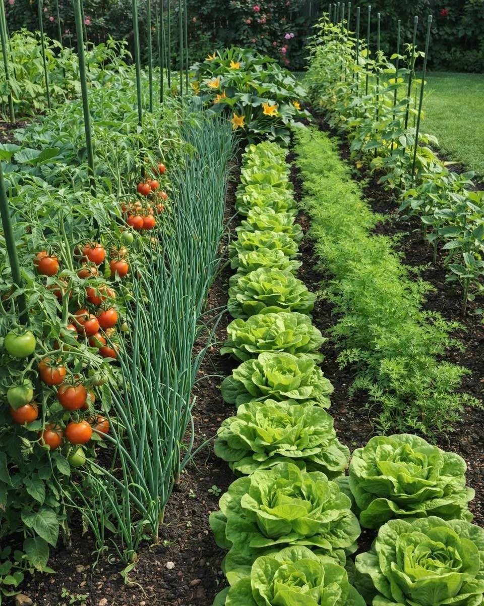 Rows of tomatoes, onions, lettuce, and herbs growing in a lush vegetable garden.